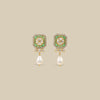 Green Kundan Square Studs with Pearl Drops